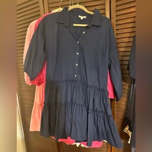 Navy tiered elbow length sleeve collared button mini dress